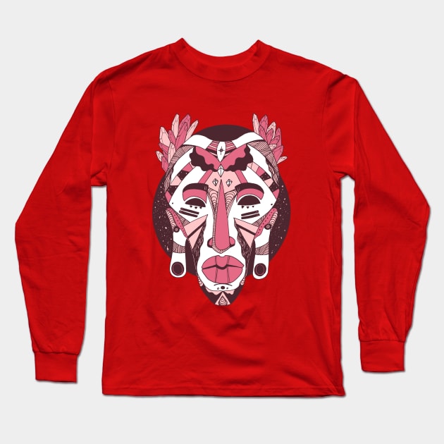 Pink and White African Mask 1 Long Sleeve T-Shirt by kenallouis